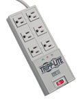Six Outlet Surge Protector Power Strip With Six Foot Cord And Right Angle Plug For Home Office And Electronics Protection From Surges And Spikes Plus Insurance Up To Fifty Thousand Dollars In Grey, showcasing six outlets and power switch.