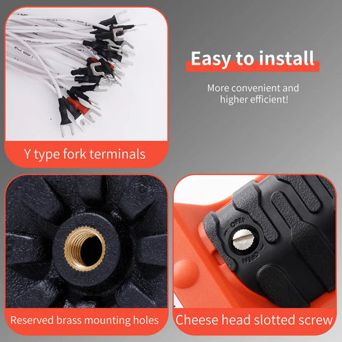 Close-up of Y type fork terminals, brass mounting holes, and cheese head slotted screw for wireless crane remote installation.