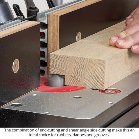 Close-up of Top Shelf Carbide Tipped Plunging Template Router Bit 3 Piece Set 1/2 Shank in use on wood for dados.