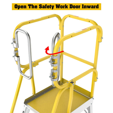 Heavy Duty Four Step Aluminum Rolling Platform Ladder Built Like A Tank For Warehouse Tasks Featuring Smooth Gliding Wheels And Super Grippy Nonskid Steps Rated For A Rock Solid Three Hundred Seventy Five Pound Load