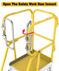 Top Shelf Heavy Duty Aluminum Rolling Platform Ladder With Smooth Glide Casters And Reinforced Safety Rails 375 Lb Capacity showing safety work door open mechanism.