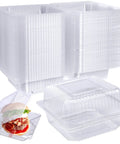 Stacks of 100 Pack Clear Hinged Plastic Food Containers With Lids For Cake Slices Cookies Pasta Sandwiches And Salads