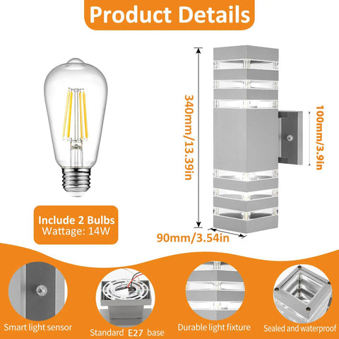 Dope Modern Outdoor Wall Light Dusk To Dawn Waterproof Porch Fixtures With Up Down Dual Head E27 Exterior Lighting For Front Door Balcony And Garage Silver 2 Pack