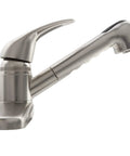 Pull-Out Kitchen Sink Faucet For RVs And Campers, All Plastic, Brushed Satin Nickel Finish, Dual-Setting Sprayer, Side View