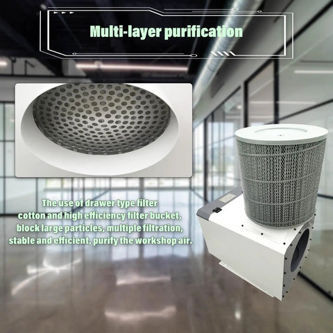 Industrial Oil Mist Collector with conical pre filter in CNC workshop.
