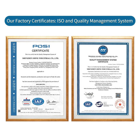 Framed factory ISO and Quality Management System certificates from a trusted weighing expert factory since 2001.