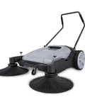 42 Inch Walk Behind Floor Sweeper With Dual Side Brushes And Fifteen Gallon Dustbin For Warehouses Driveways And Garages crushes dirt with side brushes.