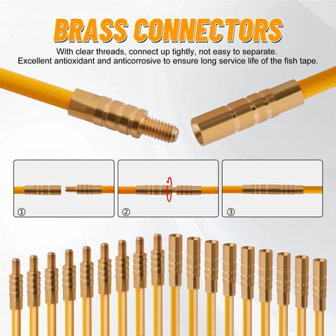 Close-up of brass connectors for 11Ft Fiberglass Fish Tape Rods Kit For Running Electrical Cables Through Walls And Attics.