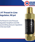 Pre Set In Line Pressure Regulator For Air Tools 90 Psi One Quarter Inch NPT Brass Body With Corrosion Resistance