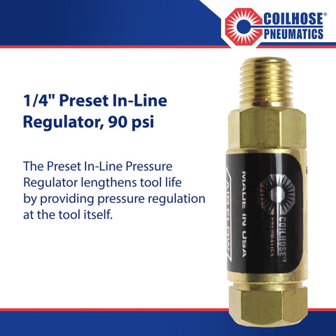 Pre Set In Line Pressure Regulator For Air Tools 90 Psi One Quarter Inch NPT Brass Body With Corrosion Resistance