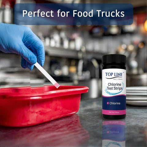 Food Service Chlorine Test Strips 0-500 Ppm Value Pack for Bleach Sanitizer Testing, Easy Read Color Blocks, Budget-Friendly Choice for Restaurants, Bars, Cafes, Food Trucks, Daycares and Commercial Kitchens, Safe Sanitation Tool in bottle beside gloved hand