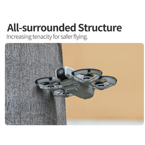 Drone Propeller Guard Set For DJI Neo Anti Collision Protection in flight, lightweight black shield on quadcopter against tree.
