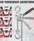 HUGOASIS mini lever hoist, 1/2 ton capacity, aluminum body with G80 chain, side view.