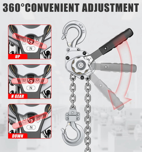 HUGOASIS mini lever hoist, 1/2 ton capacity, aluminum body with G80 chain, side view.