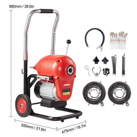 Heavy Duty 120 Foot Manual Feed Sewer Drain Auger Machine Loaded With An 1100W Motor and premium hardened steel cable with accessories.