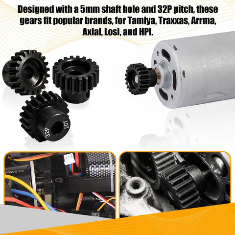 20T 32P Pinion Gear Set Pro Grade for One Tenth Scale RC Cars with 5mm Bore and M4 Screws in Black Oxide Steel