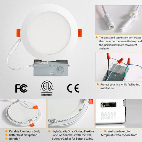 Six Pack 4 Inch Dimmable LED Recessed Downlights With 2700K 3000K 3500K 4000K 5000K Color Temperature Adjustable Slim Canless Ceiling Light With Junction Box Easy Install 800 Lumens 9W Equivalent to 75W Damp IC Rated ETL, showing features and specifications with junction box and connectors