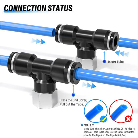 Diagram showing Push To Connect Female Branch Tee Fittings 1/4 Inch Tube OD to 1/4 Inch NPT Thread for pneumatic systems installation.