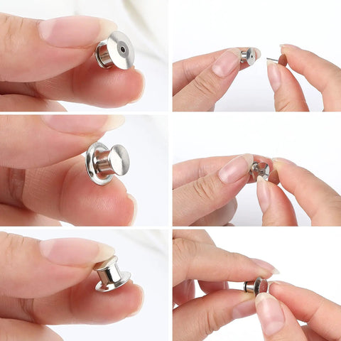 Locking Pin Backs For Pins 10 Pack Heavy Duty Metal Pin Back Keepers Clips With Spring Loaded Locking Clasp shown in hand