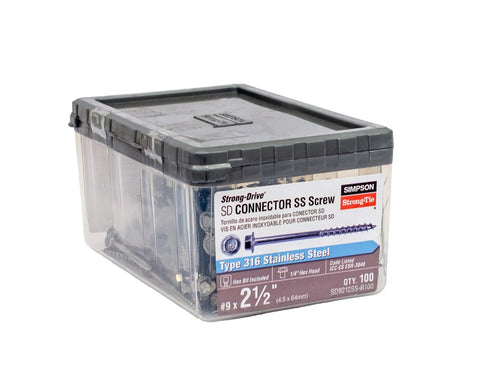 Strong-Drive SD Connector Screws No 9 Two And A Half Inch Stainless Steel With One Quarter Inch Hex Head Galvanized Coating Includes Hex Bit For Connector Replacement The Workhorse Choice For Heavy Duty Wood Framing And Decking Box Of 100 plastic container