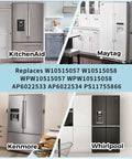 Image showing KitchenAid, Maytag, Kenmore, Whirlpool refrigerators compatible with 3 Pack Refrigerator LED Light Set with Tapered Lens for Fridge and Freezer Includes Two Secondary Lights and One Main Ceiling Light Replaces WPW10515057 WPW10515058 AP6022533 AP6022534 PS11755866.