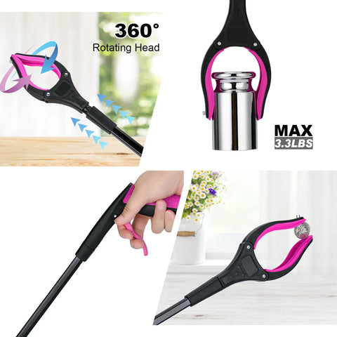 32 Inch Reacher Tool With 360 Degree Rotating Head And 4 Inch Wide Claw Foldable Grabber Pickup Tool Anti Slip Magnetic Jaw For Seniors And Everyday Reaching Litter, Groceries, High Shelves Purple
