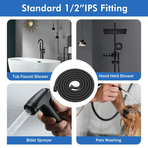 Extra Long Matte Black Stainless Steel Shower Hose Extension with Flexible Handheld Sprayer in various shower setups.