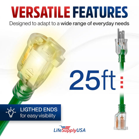Image of 25ft Outdoor Indoor Extension Cord 16/3 Gauge with lighted ends for visibility, showcasing waterproof SJTW design.