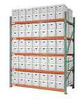 Industrial Record Storage Rack Starter Unit No Drama Setup Heavy Gauge Steel Filing System Massive Capacity 120W X 48D X 96H with stacked document boxes.