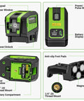 5 Point Self Leveling Laser Level with Plus Mode showing keypad, battery display, and anti-slip foot pads with magnet