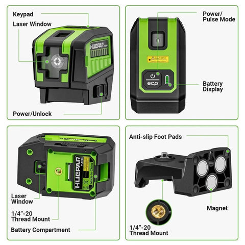 5 Point Self Leveling Laser Level with Plus Mode showing keypad, battery display, and anti-slip foot pads with magnet