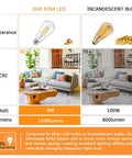 LED vs incandescent bulb comparison chart, emphasizing 8W LED's 1200 lumens versus 100W incandescent, highlighting energy saving.