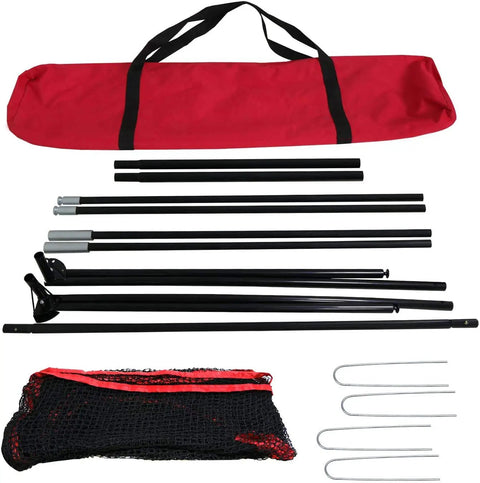 Portable 10x7ft Golf Practice Net With Carry Bag For Indoor Outdoor Backyard Driving Hitting And Chipping Training Durable Frame Easy Setup For Home Golfers components including red carry bag, net, and stakes