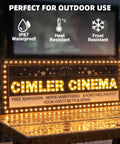 Outdoor weather-resistant cinema sign with bright LED lights, highlighting IP67 waterproof, heat, and frost resistance features.