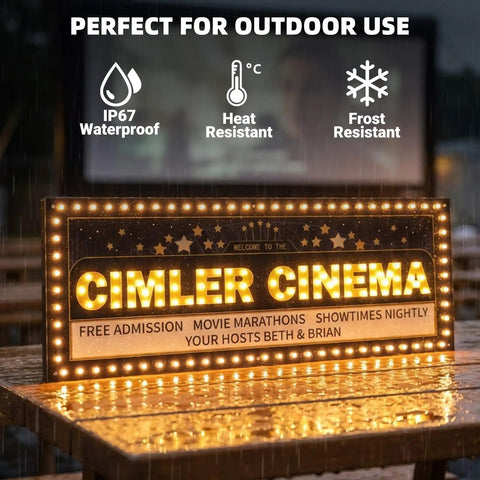 Outdoor weather-resistant cinema sign with bright LED lights, highlighting IP67 waterproof, heat, and frost resistance features.