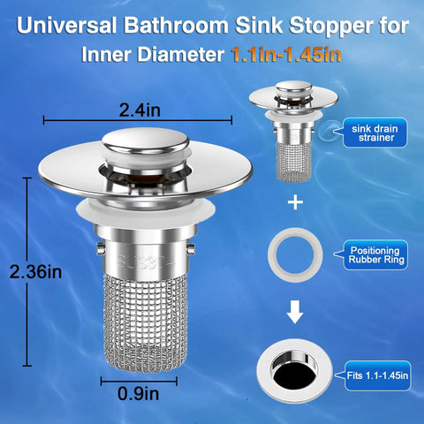 Front view: chrome sink stopper with removable stainless steel mesh basket; 2-pack; fits 1.1–1.45 in drains