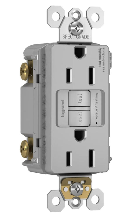 Radiant 15 Amp GFCI Self Test Decorator Duplex Outlet With Trip Indicator Gray 1597GRYCCD12 close-up side view