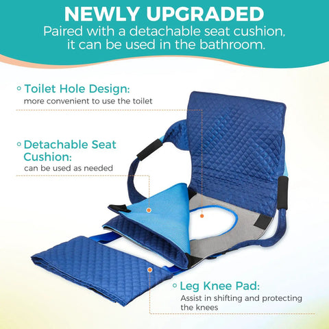 Heavy Hitter Patient Transfer Sling 330Lbs With Slide Board For Wheelchair Car And Bed Mobility Aid Rig With Detachable Cushion And Toilet Opening For Seniors Disabled Post Surgery Care Blue with detachable cushion and toilet hole design