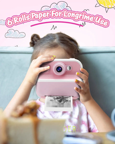 Six Roll Instant Camera Thermal Paper Refill For Kids Compatible With Most Instant Cameras High Gloss White Photo Paper For Rich Colors Durable Thick Print Paper For Clear Long Lasting HD Color Prints, child using pink instant camera