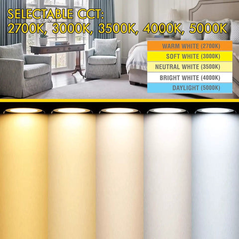AH Lighting, Retrofit Smooth Reflector Kit, 4 Inch Dimmable LED 5CCT Downlight Recessed Light, showing color temperature options.
