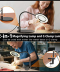 Desk Magnifying Glass With Light And Stand 10X 15X Zoom 4.2 Inch HD Lens for crafting and sewing shown in use with gooseneck clamp.