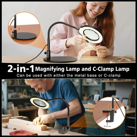 Desk Magnifying Glass With Light And Stand 10X 15X Zoom 4.2 Inch HD Lens for crafting and sewing shown in use with gooseneck clamp.