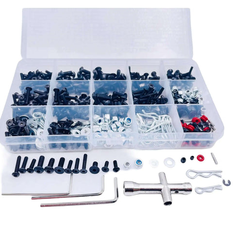 Universal 634 Piece RC Screw Kit For Traxxas Arrma HPI RC4WD Axial Tamiya Redcat Losi And More shown with metal screws and tools