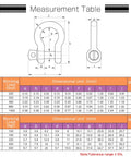 Heavy Duty Marine Grade Stainless Steel Chain Shackles Built Like A Tank To Handle 1400 Pound Rated Capacity Screw Pin Anchor Rigging Hardware Rust Proof Pair measurement table with sizes and load specifications.