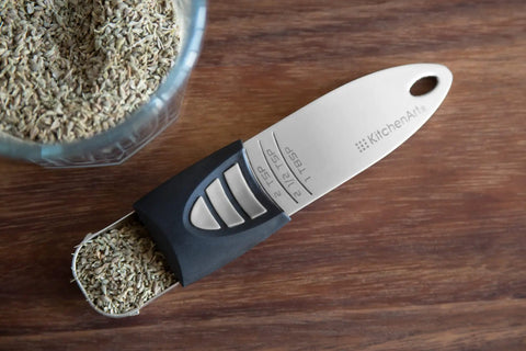 Stainless Steel Pro Sliding Adjustable Teaspoon And Tablespoon Set For Precision Cooking And Baking, Built In Slider For Exact Measurements From 1/8 Teaspoon To 1 Tablespoon, No Guesswork, Durable Kitchen Tools, stainless steel adjustable measuring spoon filled with spices