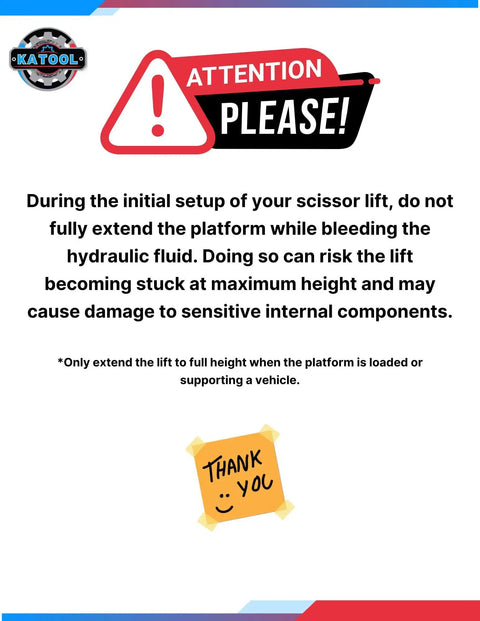 Attention notice for Top Tier Heavy Duty Scissor Auto Lift Featuring Eight Thousand Pound Capacity discussing platform setup warnings.