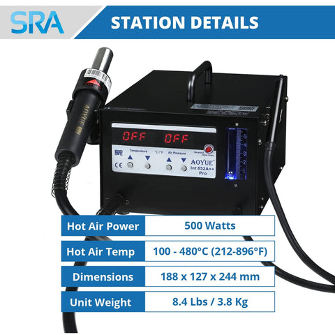 852A Pro SMD Digital Hot Air Rework Station With Vacuum Pickup Tool, display panel showing power settings, black unit.