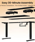 Top Shelf Electric Standing Desk 55x26 Inch disassembled parts for easy assembly including pre-drilled holes and labeled components.
