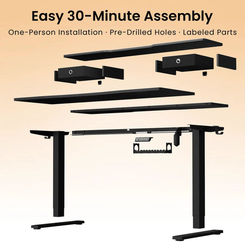 Top Shelf Electric Standing Desk 55x26 Inch disassembled parts for easy assembly including pre-drilled holes and labeled components.
