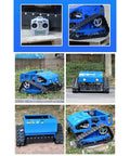 Remote Control Lawn Mower With RC Tracks for Slopes and Uneven Ground, showing blue heavy-duty track design for hillsides and farms.